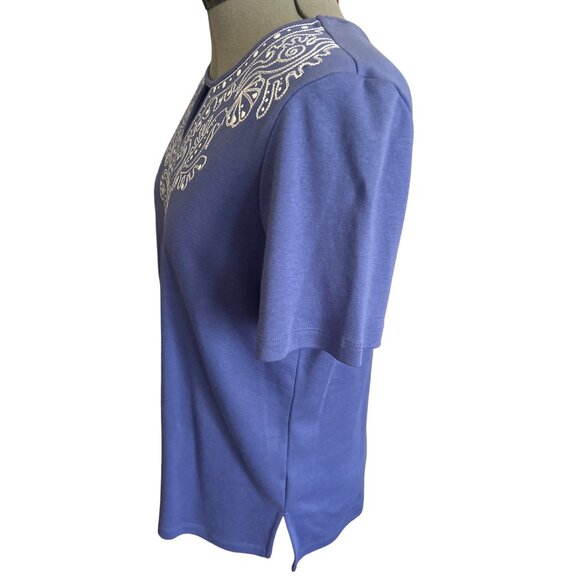 Alfred Dunner Womens Lavender Embroidered Top Short Sleeve Keyhole Chest, Small - Picture 3 of 8